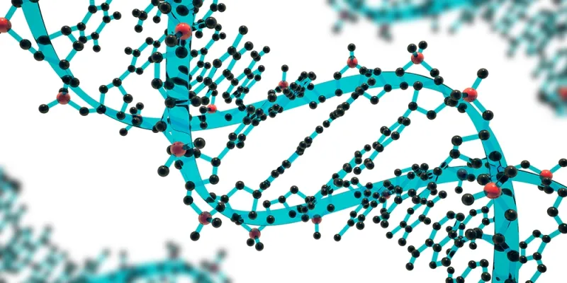 Three blue DNA double helices with black and red atoms, rendered as a 3D schematic model of genetic material
