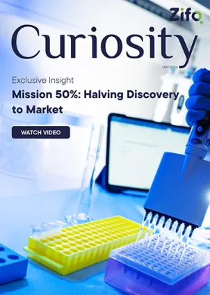 Curiosity magazine cover with a lab scene—pipette, tube racks, and a laptop—featuring the headline “Mission 50%: Halving Discovery to Market” and a Watch Video button.