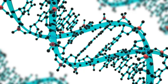 Three blue DNA double helices with black and red atoms, rendered as a 3D schematic model of genetic material